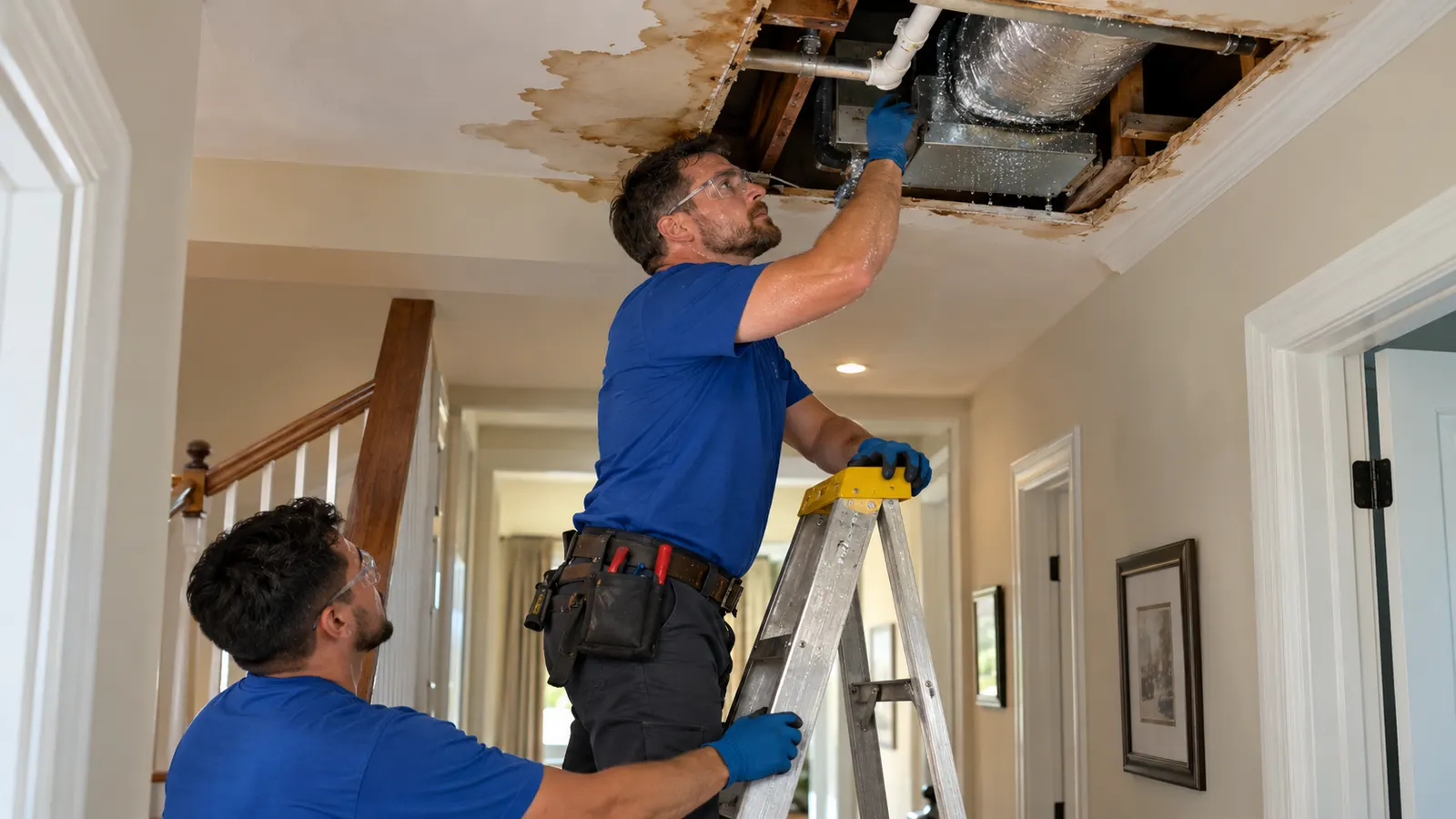 Two workers inspecting exposed pipes and ductwork through a large opening in water-stained ceiling drywall.