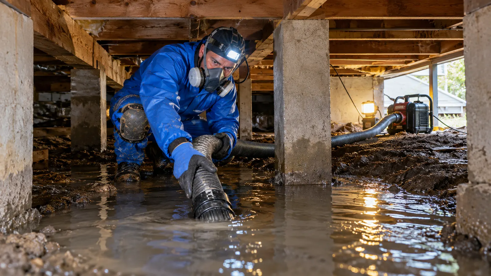 Worker in protective clothing pulling an extraction hose beneath exposed floor joists between masonry piers.