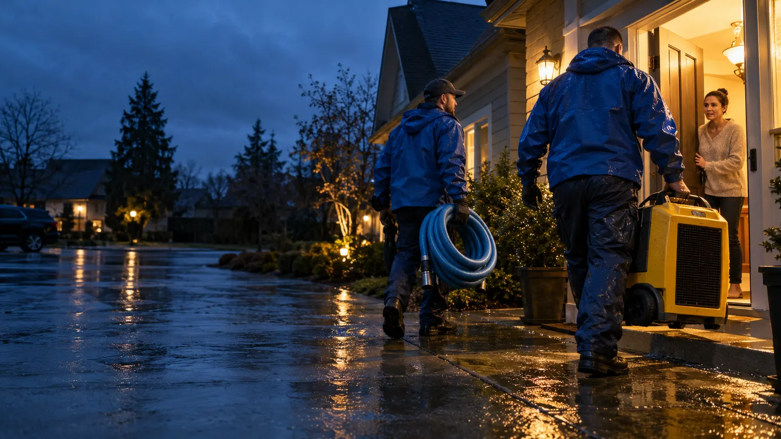 Two workers carrying a hose and dehumidifier toward a lit house entrance on a wet evening.