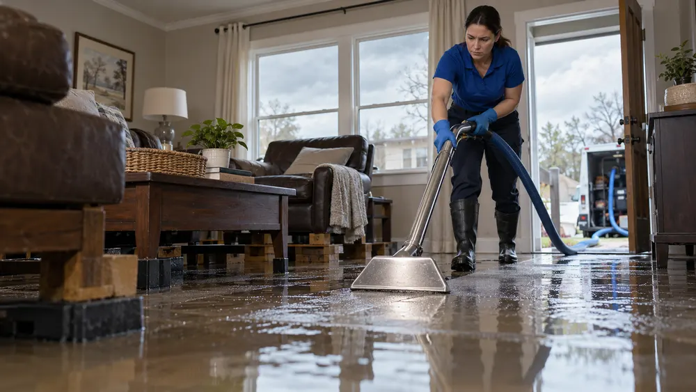 Technician extracting standing water from a furnished family room.