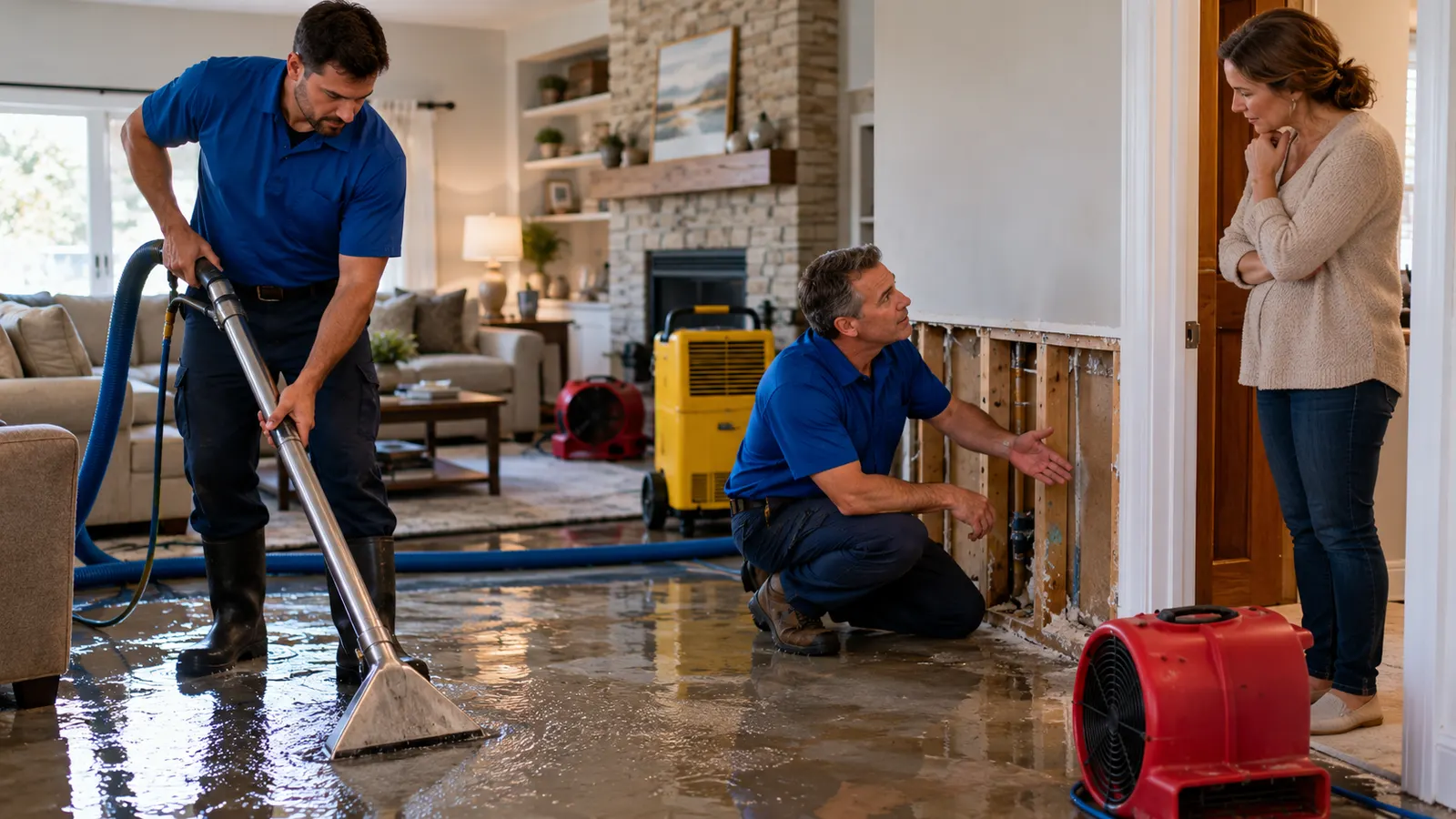 Technicians extracting standing water and assessing an opened wall in a flooded living room.