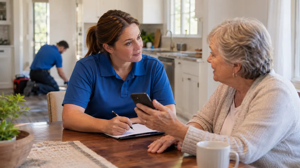 Crew member taking notes while a homeowner shows her phone at a kitchen table.