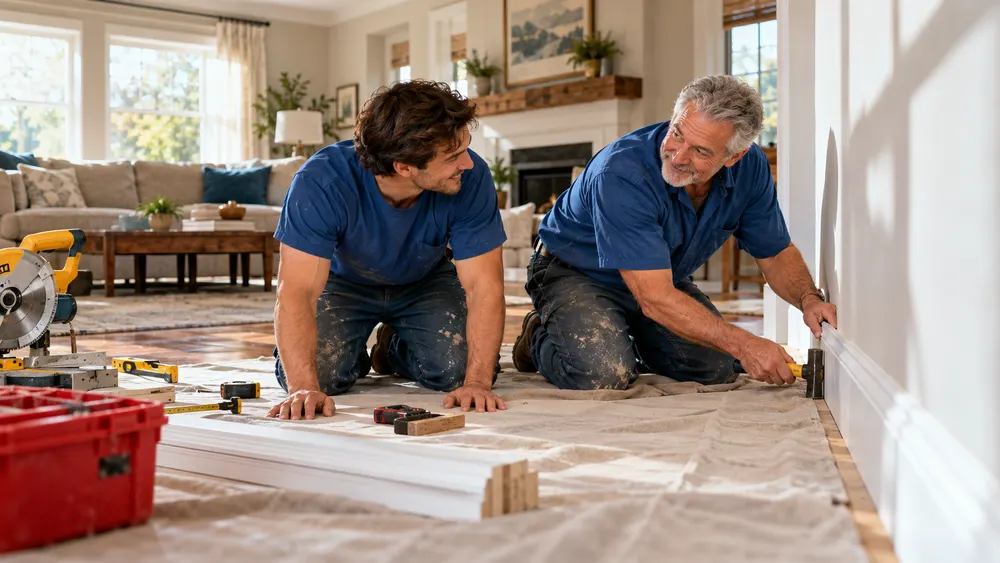 Two workers fitting replacement baseboard trim in a living room.
