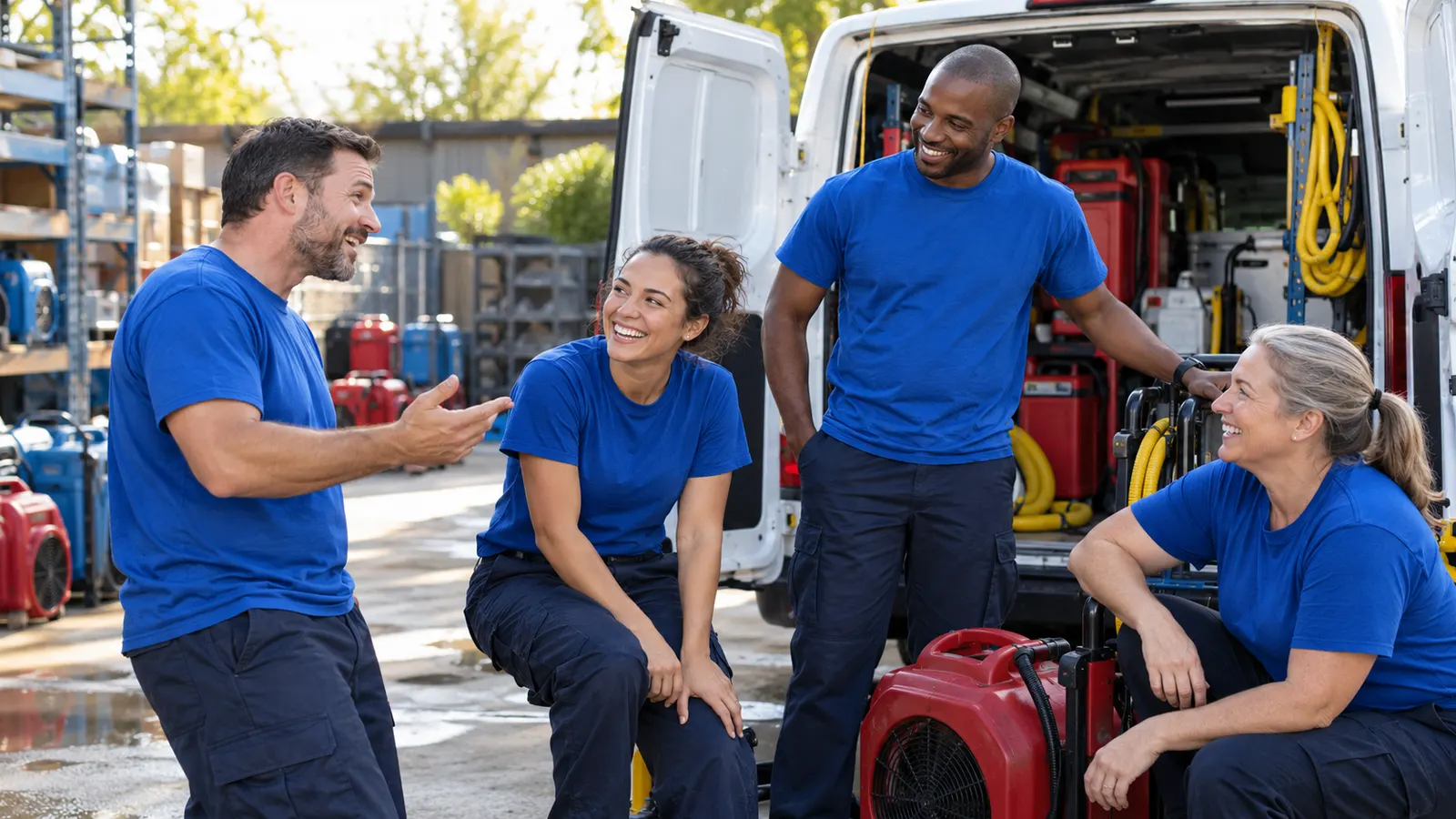 Restoration crew beside an open work van with equipment inside.