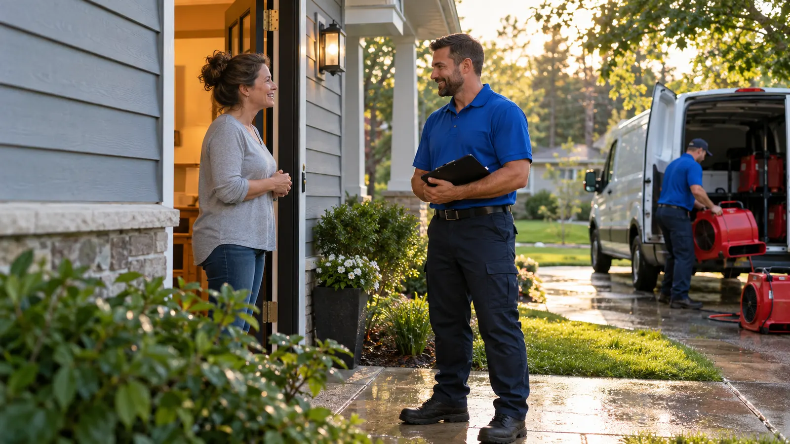 Technician speaking with a homeowner at an entrance while equipment is unloaded from a van.