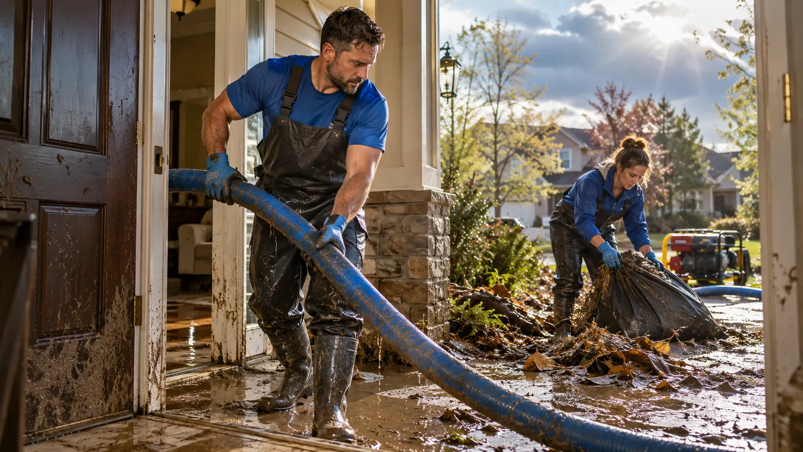 Workers moving an extraction hose and bagging muddy debris at a flooded front doorway after a storm.