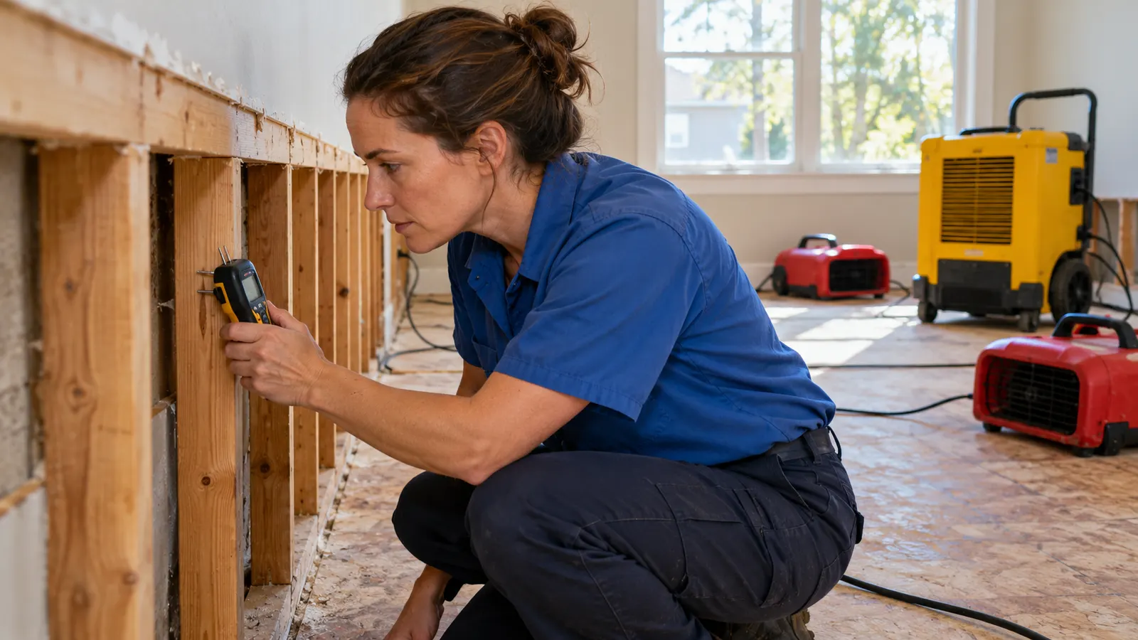 Technician using a moisture meter on exposed wall framing beside drying equipment.