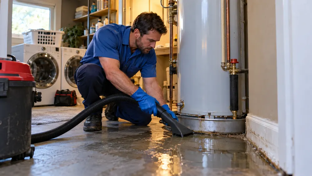 Technician extracting water from a utility-room floor beside a water heater and laundry machines.