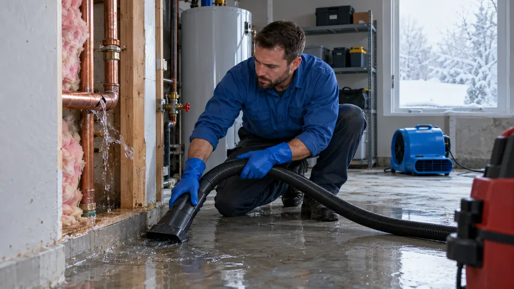 Technician extracting water beside a split line in a winter utility room.